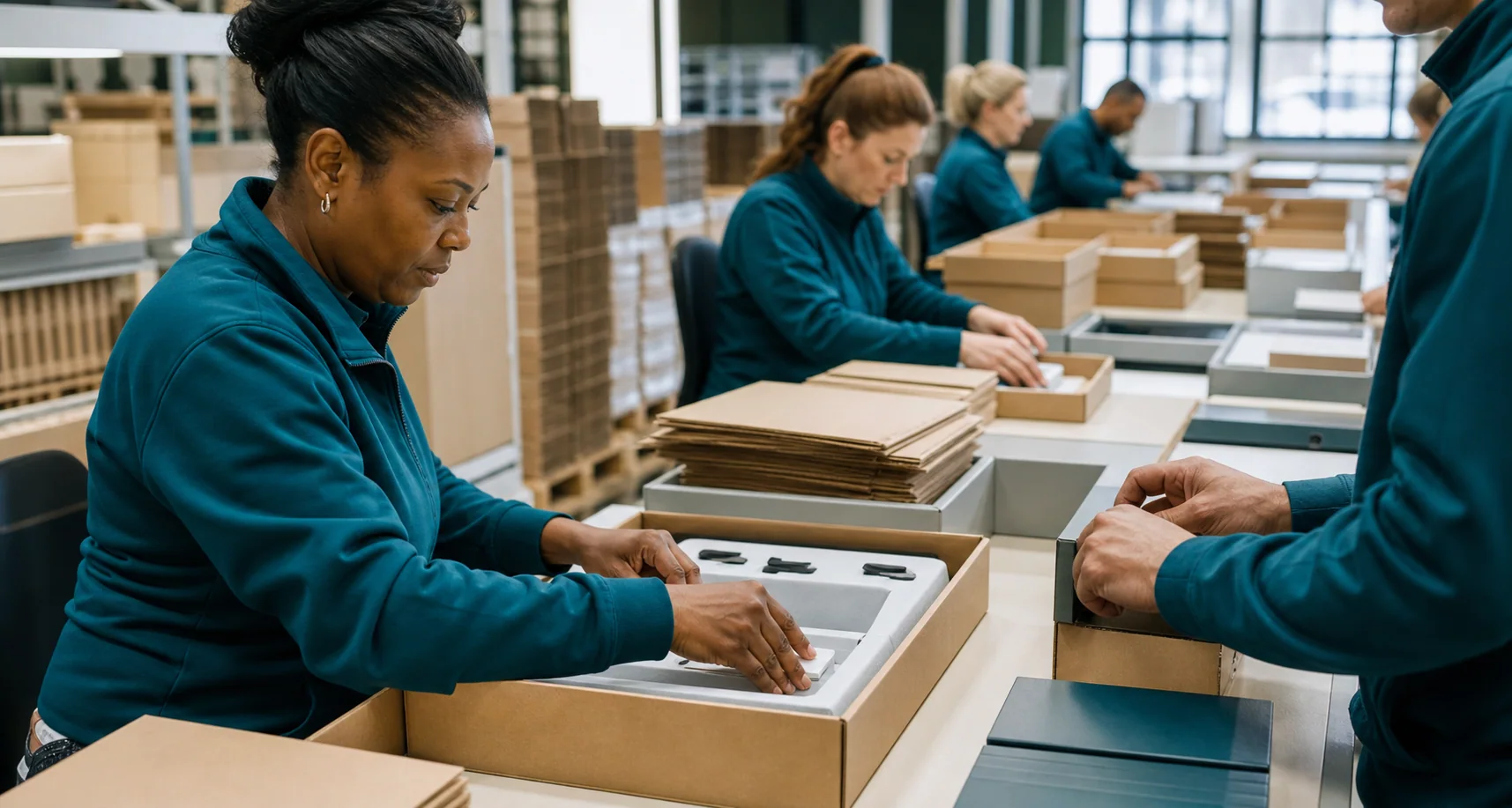 Contract packing team carrying out careful hand assembly on a production bench