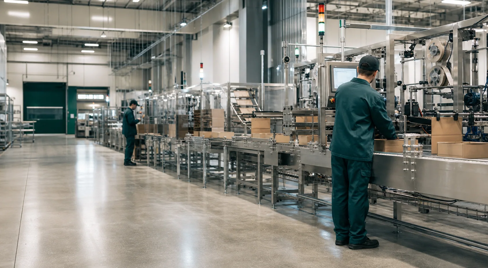 Technicians monitoring a clean contract packaging production line