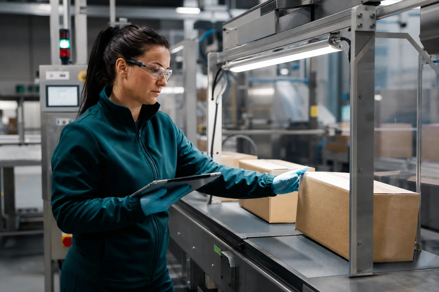 Quality technician inspecting plain cartons on a contract packaging line